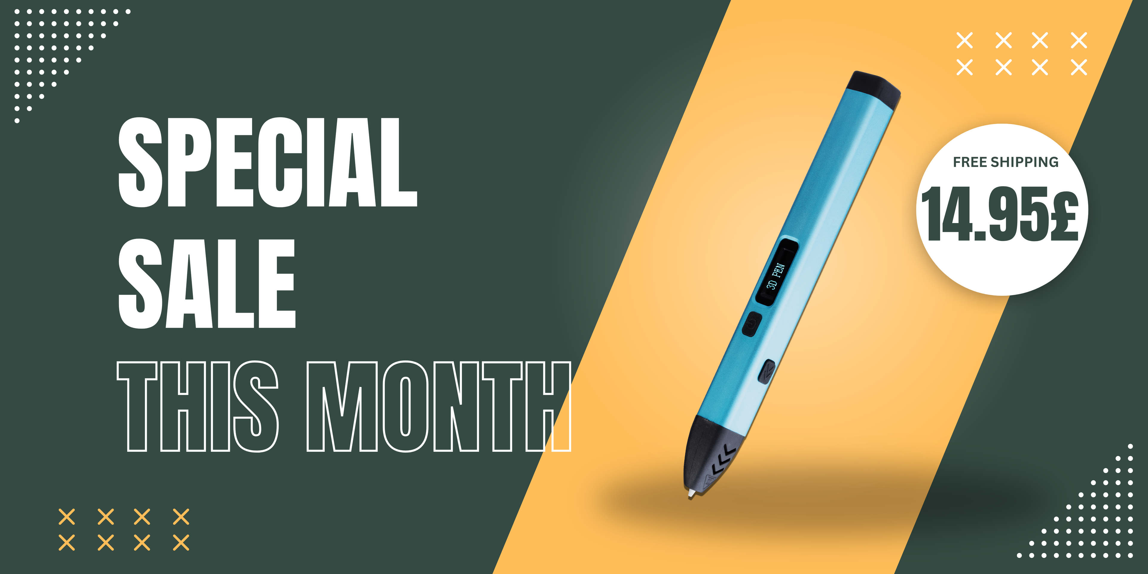 Blue pen with black accents on a yellow and green background, promoting a special sale.